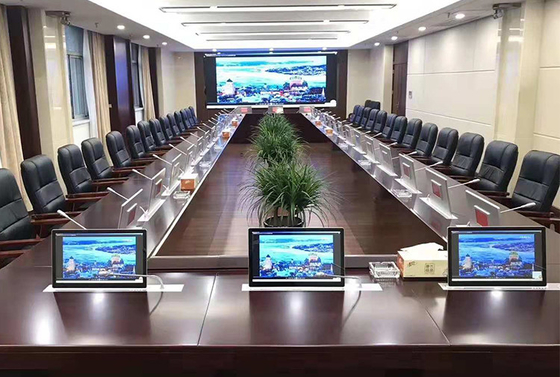 ประเทศจีน ห้องประชุมสก์ท็อปจอแอลซีดีเสียงไมโครโฟนกลไกยกโดยนัย LED หน้าจอแสดงผลระบบสำนักงาน ผู้ผลิต